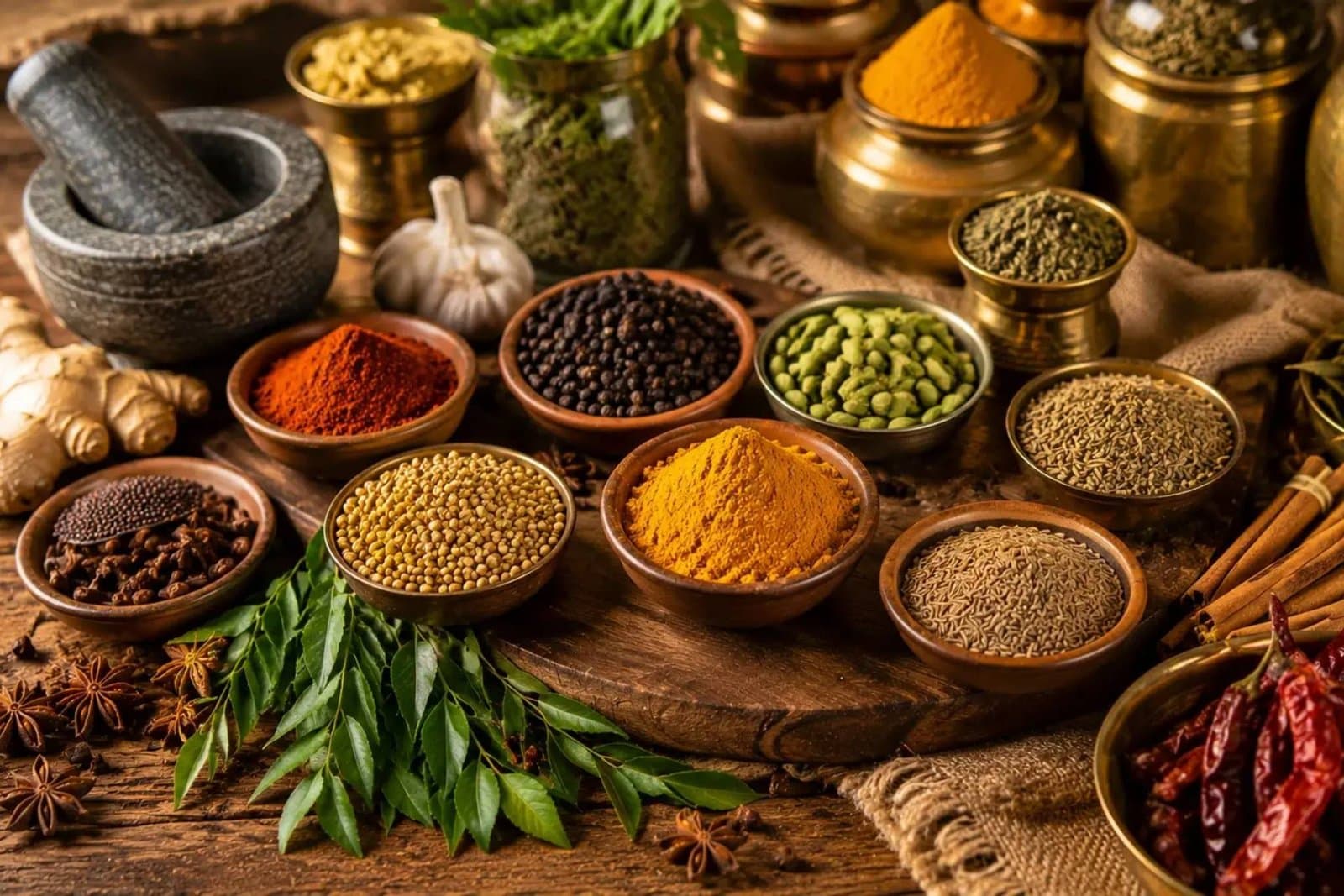 A vibrant display of whole and ground spices