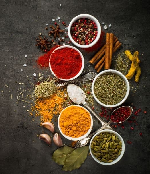 Bowls of vibrant Indian spices